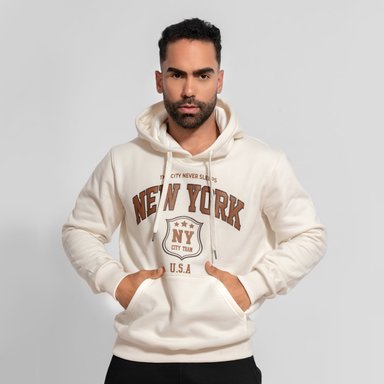 POLERA CON CAPUCHA DE ALGODÓN AFRANELADO NEW YORK CREMA ARCOI