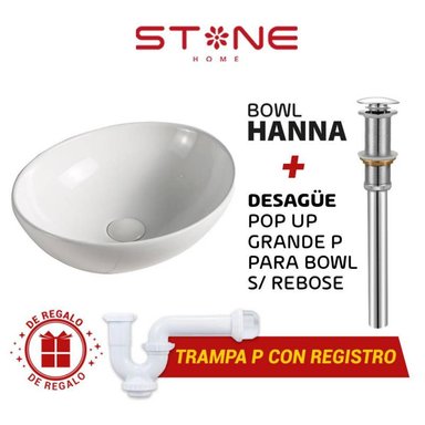 COMBO LAVAMANOS  REDONDO HANNA BLANCO / DESAGUE POP UP GRANDE S/REBOSE STONE - TRAMPA P (REGALO)