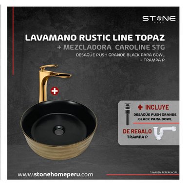 COMBO STONE HOME RUSTIC LINE TOPAZ BLANCO + CAROLINE STG-01 + DESAGUE Y TRAMPA P