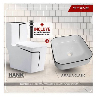 COMBO INODORO STONE HOME HANK CUADRADO BLANCO + BOWL MINIMALISTA AMALIA CLASIC