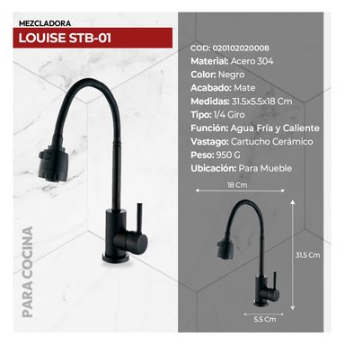 MEZCLADORA  P/COCINA  AL MUEBLE LOUISE STB-01 BLACK STONE - 2