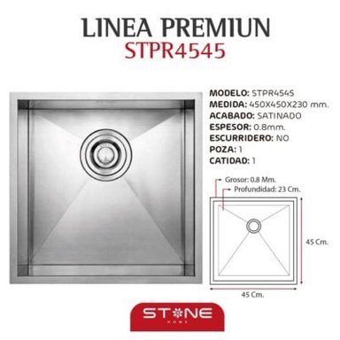 LAVAMANOS STONE STPR4545 PLATEADO LAVADERO DE ACERO PREMIUM - 3
