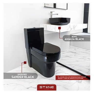 COMBO INODORO STONE ONE PIECE MINIMALISTA SANDER NEGRO + BOWL AMALIA BLACK