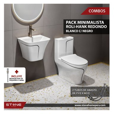 COMBO INODORO STONE HOME MINIMALISTA HANK REDONDO BLANCO + LAVADERO ROLI /NEGRO