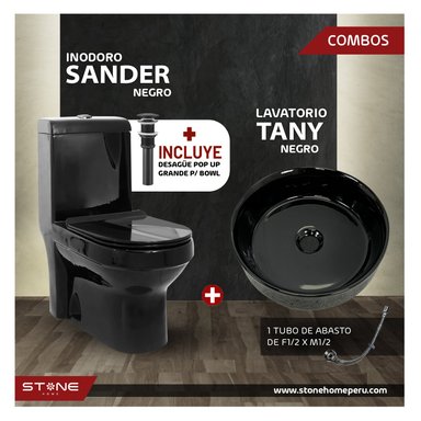 COMBO INODORO STONE HOME MINIMALISTA SANDER NEGRO + LAVAMANOS TANY BLACK