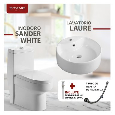 COMBO DE INODORO ONE PIECE SANDER BLANCO + BOWL LAURE BLANCO STONE+ DESAGUE PUP UP GRANDE P/BOWL CROMADO+ 1 TUBO DE ABASTO 1/2*1/