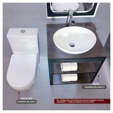 COMBO DE INODORO ONE PIECE SANDER BLANCO + BOWL HANNA BLANCO STONE+ DESAGUE PUP UP GRANDE P/BOWL CROMADO-STONE