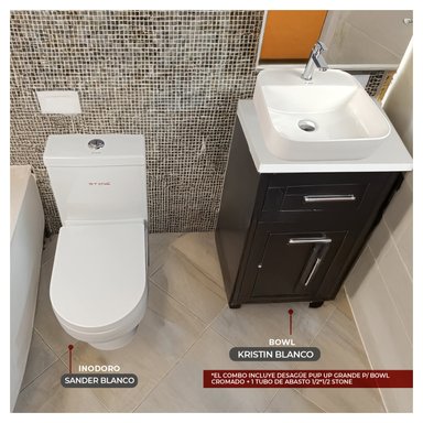 COMBO INODORO STONE HOME ONE PIECE SANDER BLANCO + BOWL KRISTIN BLANCO + DESAGUE PUP UP GRANDE P/BOWL CROMADO