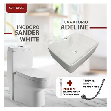 COMBO DE INODORO ONE PIECE SANDER BLANCO + BOWL ADELINE BLANCO STONE+ DESAGUE PUP UP GRANDE P/BOWL CROMADO+ 1 TUBO DE ABASTO 1/2*