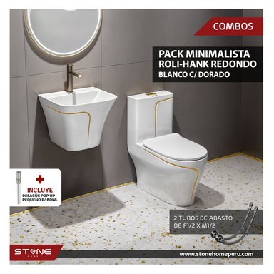 COMBO STONE HOME INODORO HANK REDONDO BLANCO CON DORADO + ROLI BLANCO C/DORADO + 2TUBOS DE ABASTO + PUSH PEQUEÑO CROMADO