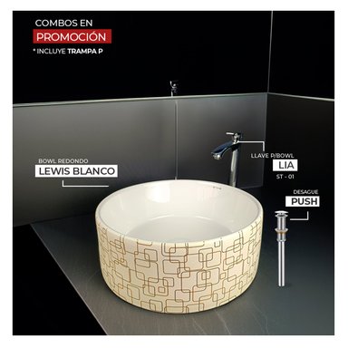 COMBO STONE HOME BOWL REDONDO LEWIS BLANCO + LIA ST-01 + DESAGUE PUSH GRANDE PARA BOWL +TRAMPA P