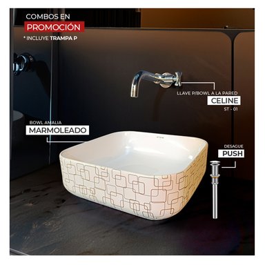COMBO STONE HOME BOWL MINIMALISTA AMALIA MARMOLEADO + CELINE ST-01 + DESAGUE PUSH GRANDE PARA BOWL + TRAMPA P STONE