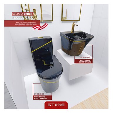 INODORO STONE HOME NEGRO/DORADO COMBO LORI + ROLI NEGRO/DORADO + DESAGUE POP UP GRANDE NEGRO + TUBO DE ABASTO 1/2 * 1/2 STONE