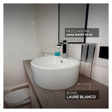 COMBO STONE HOME LAURE BOWL + MEZCLADORA ANNA SHORT ST CROMADA + DESAGÜE POP UP GRANDE S/REBOSE P/BOWL COLA 18CM BLANCO