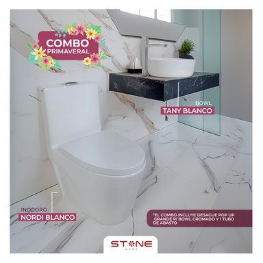 COMBO DE INODORO MINIMALISTA NORDI BLANCO STONE + BOWL REDONDO TANY BLANCO STONE +DESAGUE PUP UP GRANDE P/BOWL CROMADO STONE