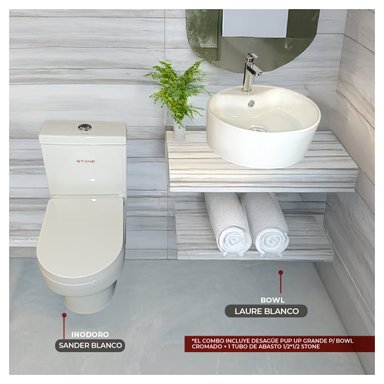 COMBO STONE HOME SANDER INODORO ONE PIECE + BOWL LAURE STONE+ DESAGUE PUP UP GRANDE P/BOWL+1 TUBO ABASTO 1/2*1 BLANCO