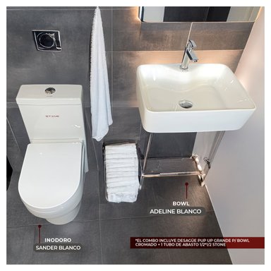 COMBO STONE HOME SANDER INODORO ONE PIECE + BOWL ADELINE + DESAGUE PUP UP GRANDE P/BOWL+1TUBO ABASTO 1/2* BLANCO