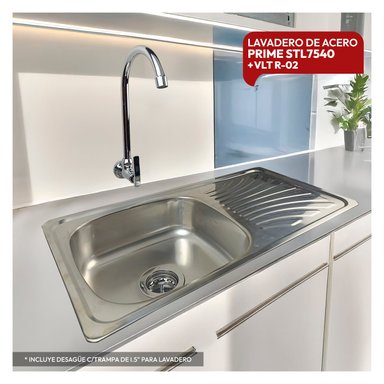 COMBO LAVADERO STONE HOME PRIME ACERO STL7540 + DESAGUE C/TRAMPA I.5' LAVADERO + VLT R-02 RUMI