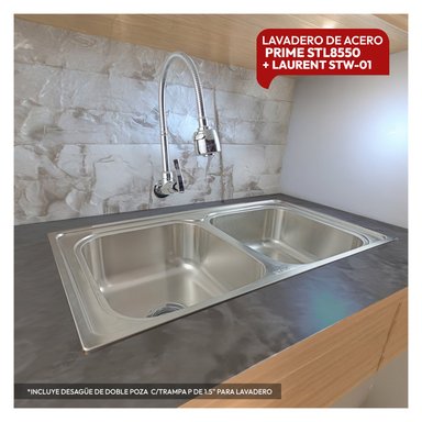 COMBO LAVADERO STONE HOME PRIME ACERO STL8550 + INCLUYE DESAGÜE DOBLE POZA C/TRAMPA P 1.5' + LLAVE LAURENT STW-01