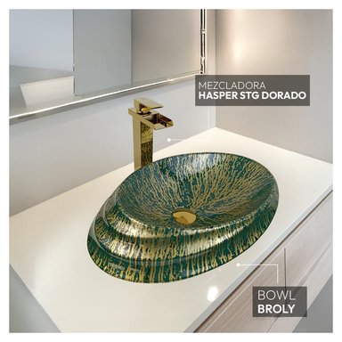 COMBO BOWL BROLY VERDE + MEZCLADORA HASPER STG DORADA + DESAGUE POP UP S/REBOSE P/BOWL DORADO COLA 18CM