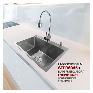 COMBO DE LAVADERO DE ACERO PREMIUM STPR6045 + LLAVE / MEZCLADORA LOUISE ST-01 CON ESCURRIDOR(EXONERADO)