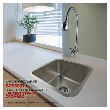 COMBO DE LAVADEROS DE ACERO SIGNATURE STP3937 STONE + LLAVE DE COCINA A LA PARED LAURENT STW-04 CROMADO STONE