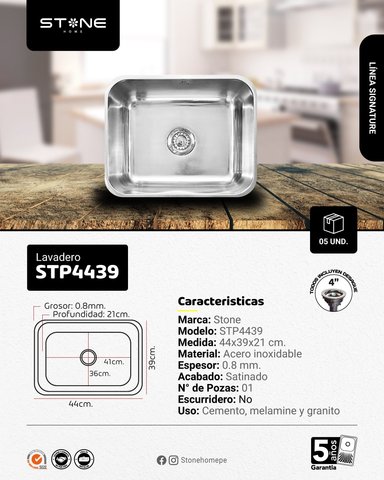 COMBO DE LAVADERO DE ACERO SIGNATURE STP4439 + DESAGUE C/TRAMPA DE I.5' PARA LAVADERO +LLAVE A PARED LAURENT STW-01 STONE - 2