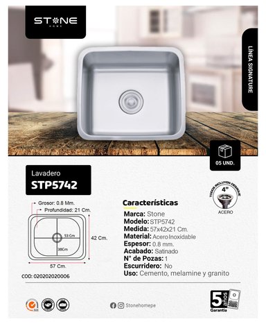 COMBO DE LAVADERO DE ACERO SIGNATURE STP5742 + DESAGUE C/TRAMPA DE I.5' PARA LAVADERO +LLAVE A PARED LAURENT STW-03 STONE - 2