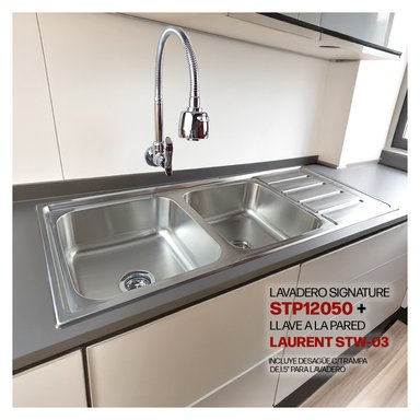 COMBO DE LAVADERO DE ACERO SIGNATURE STP12050 + DESAGÜE   C/TRAMPA P DE 1.5'  + LLAVE A LA PARED LAURENT STW-03 STONE