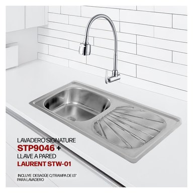 COMBO DE LAVADERO DE ACERO SINGATURE STP9046 + DESAGUE C/TRAMPA DE I.5' PARA LAVADERO + LLAVE A PARED LAURENT STW-01 STONE - 1