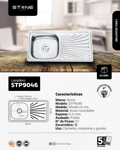 COMBO DE LAVADERO DE ACERO SINGATURE STP9046 + DESAGUE C/TRAMPA DE I.5' PARA LAVADERO + LLAVE A PARED LAURENT STW-01 STONE - 2
