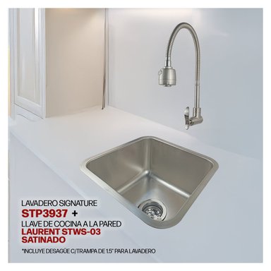 COMBO DE LAVADEROS DE ACERO SIGNATURE STP3937 STONE + DESAGUE C/TRAMPA DE I.5' + LLAVE DE COCINA A LA PARED LAURENT STWS-03 STONE