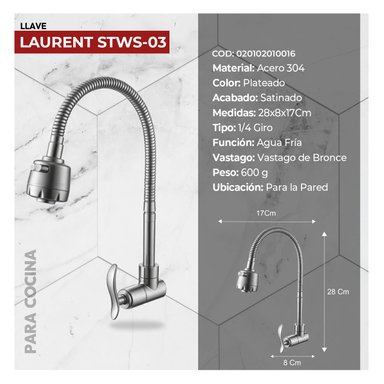 COMBO DE LAVADEROS DE ACERO SIGNATURE STP3937 STONE + DESAGUE C/TRAMPA DE I.5' + LLAVE DE COCINA A LA PARED LAURENT STWS-03 STONE - 4