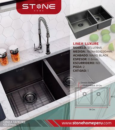 COMBO LAVADERO  LUXURE STLU7845+ LLAVE GIULS STWB-01 BLACK CON ESCURRIDOR(EXONERADO) - 2