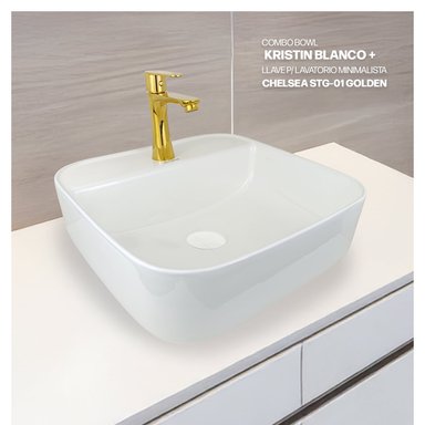 COMBO BOWL KRISTIN BLANCO + LLAVE P/LAVATORIO MINIMALISTA CHELSEA STG-01 GOLDEN STONE + DESAGUE POP UP GRANDE BLANCO S/REBOSE P/B
