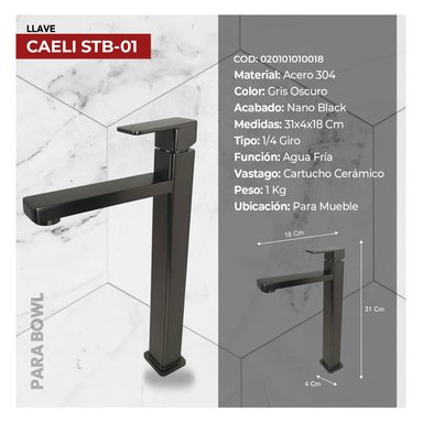 COMBO BOWL MINIMALISTA AMALIA THASOS + LLAVE P/BOWL MINIMALISTA CAELI STB-01 BLACK STONE + DESAGUE POP UP GRANDE NEGRO S/REBOSE P - 4