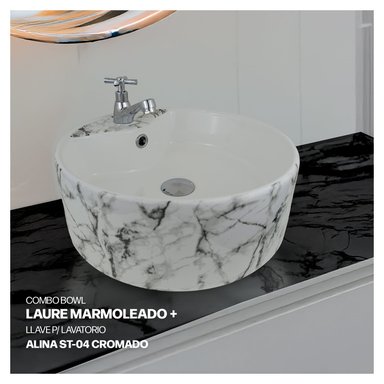 COMBO BOWL LAURE MARMOLEADO + LLAVE P/ LAVATORIO ALINA ST-04 CROMADO STONE + DESAGUE POP UP GRANDE C/TRAMPA CORRUGADA PVC BLANCO - 1
