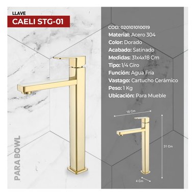 COMBO BOWL MINIMALISTA AMALIA LUNA + LLAVE P/BOWL AL MUEBLE CAELI STG-01 GOLDEN + DESAGUE POP UP GRANDE BLANCO S/REBOSE P/BOWL - 4