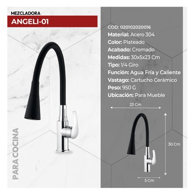 MEZCLADORA MONOCOMANDO PCOCINA AL MUEBLE ANGELI ST-01 CROMADO STONE - 2