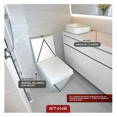 COMBO INODORO HERSEL BLANCO CON NEGRO + BOWL AMALIA CLASSIC + DESAGUE POP UP GRANDE P/BOWL CROMADO STONE - 1