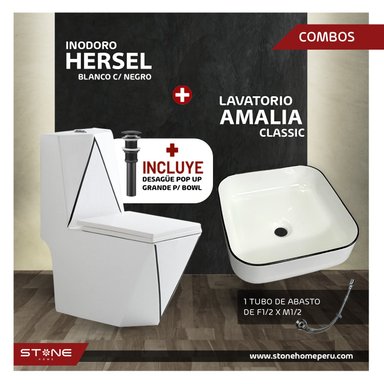 COMBO INODORO HERSEL BLANCO CON NEGRO + BOWL AMALIA CLASSIC + DESAGUE POP UP GRANDE P/BOWL CROMADO STONE - 2