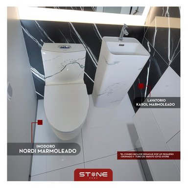 COMBO INODORO NORDI MARMOLEADO + LAVATORIO KAROL MARMOLEADO + DESAGUE POP UP GRANDE P/BOWL CROMADO STONE - 2