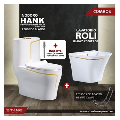 COMBO INODORO HANK REDONDO BLANCO C/ DORADO + ROLI BLANCO C/DORADO + DESAGUE POP UP GRANDE P/BOWL DORADO STONE - 2