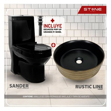 COMBO INODORO SANDER NEGRO + BOWL CIRCULAR RUSTIC LINE TOPAZ STONE + DESAGUE POP UP GRANDE P/BOWL CROMADO STONE - 2