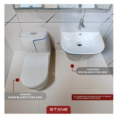 COMBO INODORO HANK REDONDO BLANCO C/ AZUL STONE + LAVATORIO ROLI BLANCO C/ AZUL STONE + DESAGUE POP UP GRANDE P/BOWL STONE - 2