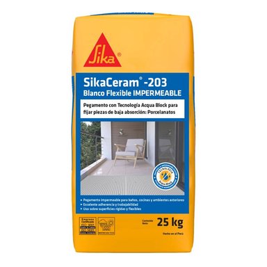 PEGAMENTO SIKA CERAM 203 BLANCO FLEXIBLE IMPERMEABLE PARA CERÁMICO Y PORCELANATO X 25KG