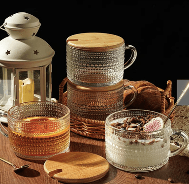 4 TAZAS VINTAGE DE VIDRIO CON TAPA DE BAMBU Y CUCHARITA 350ML