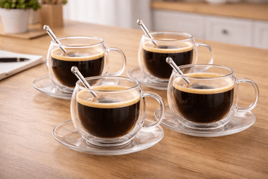 SET 4 TAZAS DOBLE FONDO CON PLATO Y CUCHARA