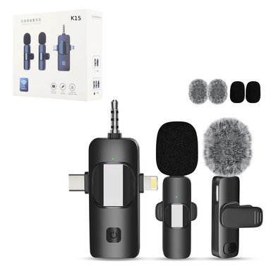 MICROFONO SOLAPERO 3 EN 1 INALAMBRICO TIPO C IPHONE 3.5MM MODELO K15