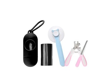 BOLSA BASURA PERRO MASCOTA NEGRO + CORTAUÑAS Y LIMPIADOR CEPILLO CELESTE